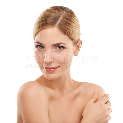 Buy stock photo Beauty, cosmetics and portrait of woman in studio with skincare, confidence and facial glow. Dermatology, healthy skin and face of girl on white background with care, smile and wellness.