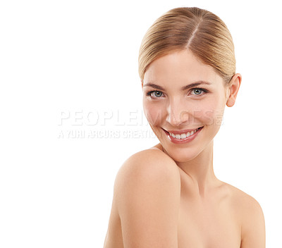 Buy stock photo Beauty, skincare and portrait of woman in studio mockup with cosmetics, confidence and natural glow. Dermatology, healthy skin and face of girl on white background space for facial, care and wellness