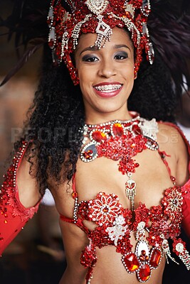 Buy stock photo Dancer, carnival and girl in portrait with smile, pride or culture with glow for street performance in night. Person, fashion and woman at event, party or celebration with tradition in Rio de Janeiro