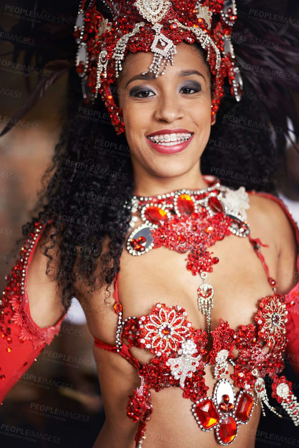 Buy stock photo Dancer, carnival and girl in portrait with smile, pride or culture with glow for street performance in night. Person, fashion and woman at event, party or celebration with tradition in Rio de Janeiro