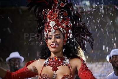 Buy stock photo Samba, woman and dancing with band at carnival in rio de janeiro for brazilian festival with feather costume or happy. Dancer, face or night with energy, fashion or music for culture or outdoor event