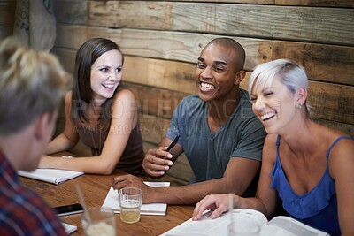 Buy stock photo Diversity, friends and studying students in restaurant, smile and laugh with notebook for group learning idea. Teamwork, brainstorming for university discussion, books and conversation together