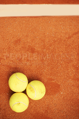 Buy stock photo Fitness, tennis and balls on court closeup from above for start of competition, game or match. Sports, mockup or space on ground at stadium or venue, ready for club of championship tournament