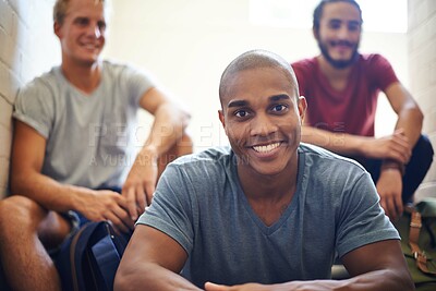 Buy stock photo Black male, student and portrait with smile, friends and diversity on campus stairs. University, studying and socialising in college, happy and learning for exams or collaboration for class project 