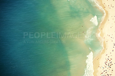 Buy stock photo Brazil, drone and shoreline with summer, vacation or getaway trip with water or environment. Aerial view, beach or holiday with sunshine or natural with ocean or Rio de Janeiro with journey or travel