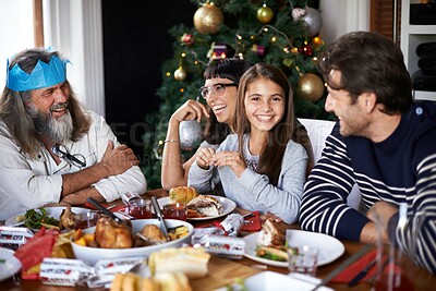 Buy stock photo Christmas, food and family with child in home for dinner, lunch and eating together with grandfather. Happy mother, father and girl for holiday, vacation and festive celebration at dining table