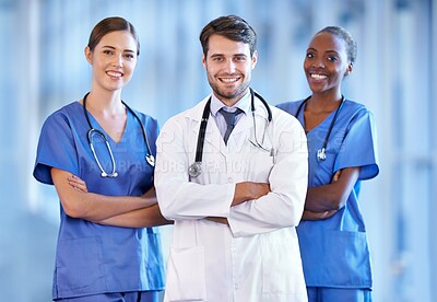 Buy stock photo Portrait, leader and happy medical team in hospital for healthcare service in clinic. Confidence, doctor and smile of diverse group of nurses in collaboration, cooperation or arms crossed together