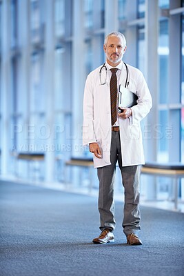 Buy stock photo Portrait, mature man and doctor with checklist in hospital for healthcare, wellness or service in Canada. Career, medical professional and surgeon with clipboard or expert in clinic on mockup space
