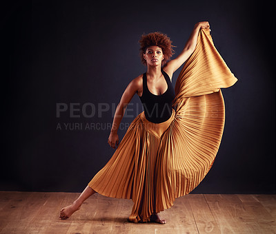 Buy stock photo Contemporary, dancer and woman for dancing in studio with performance, training or practice lesson for art. Black person, skirt or choreographer routine with movement, passion or skill for expression