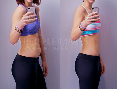 Buy stock photo Shot of a woman before and after her diet