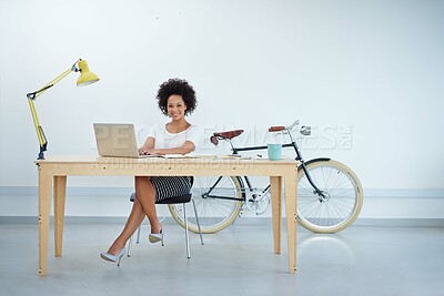 Buy stock photo Business woman, planning and office desk for creative project, research and online editing or copywriting. Portrait of a young professional editor or African person on laptop and notebook for startup