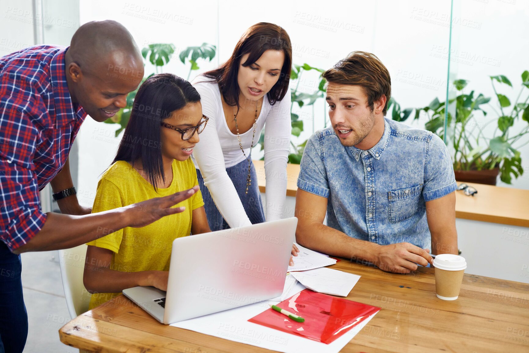 Buy stock photo Team, diversity and designers with computer, meeting and support for project collaboration. Entrepreneurs, teamwork and professional creativity with office, technology and smile for happy workforce