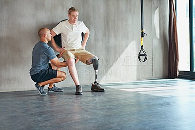 Buy stock photo Physiotherapy, fitness and person with disability support for body, balance and wellness or muscle health against wall. Physical therapy, physiotherapist and amputee in prosthetic leg for exercise
