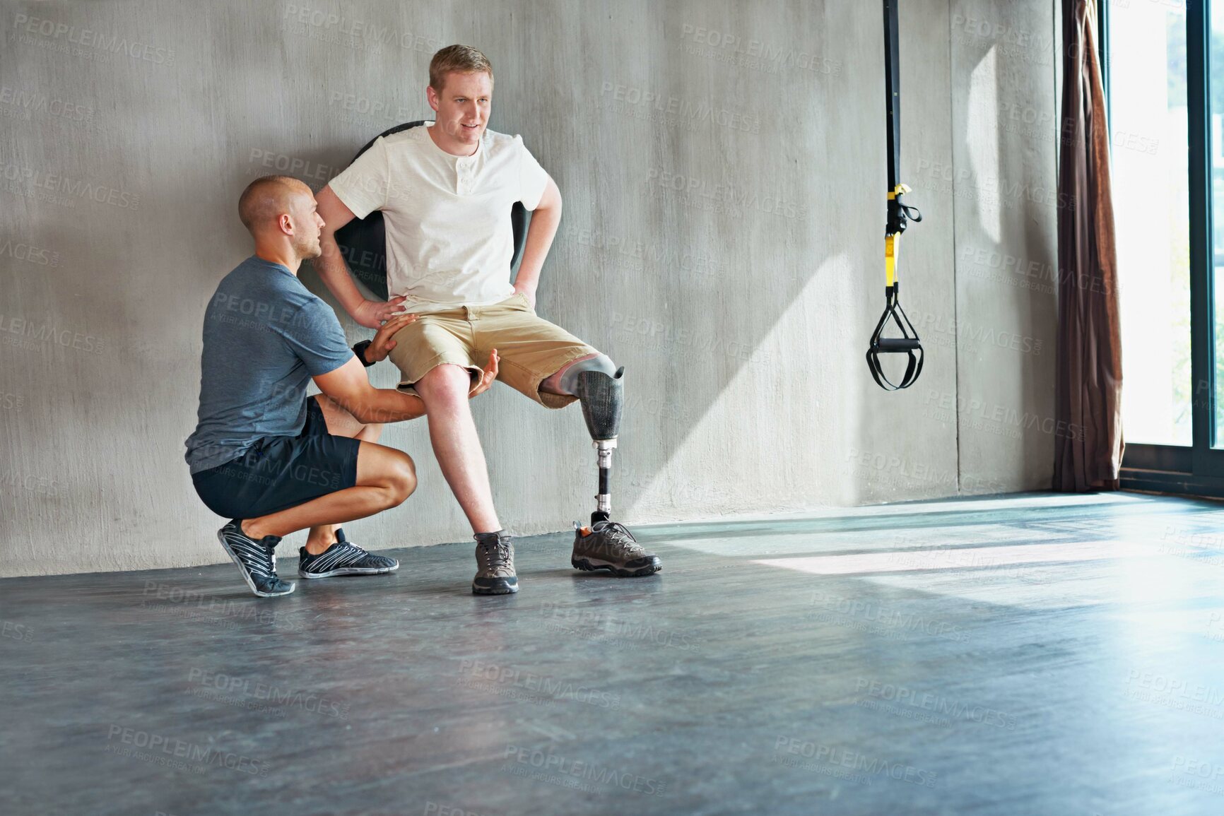 Buy stock photo Physiotherapy, fitness and person with disability support for body, balance and wellness or muscle health against wall. Physical therapy, physiotherapist and amputee in prosthetic leg for exercise