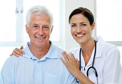 Buy stock photo Portrait of a beautiful young doctor and her senior patient