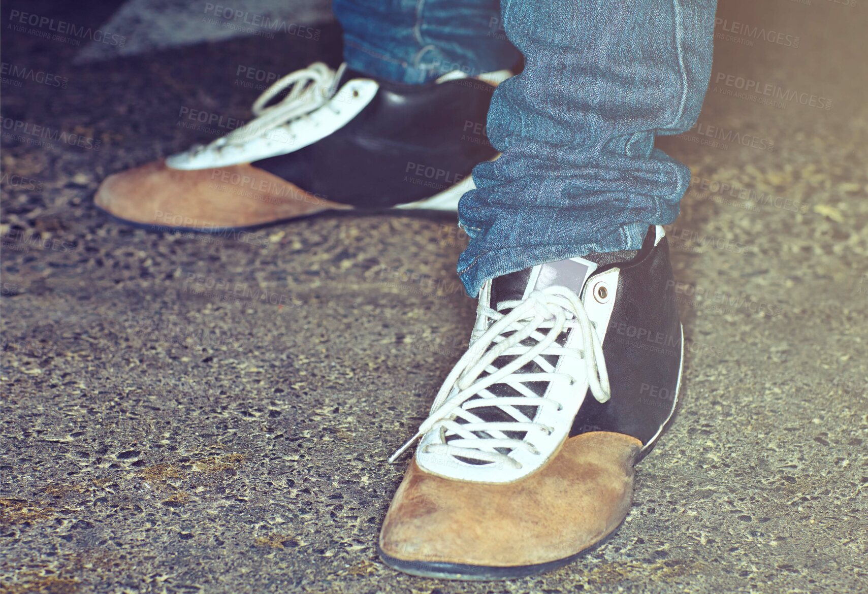 Buy stock photo Closeup, person and feet with shoes for fashion, vintage style or aesthetic in road for lifestyle or trend. Ground, legs and flats for creativity, retro or unique footwear in street on background