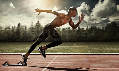 Buy stock photo Man, runner and starting line for sprint, cardio and ready for marathon, track and race or competition. Black male person, training and exercising or speed, practice and athlete or fitness for body