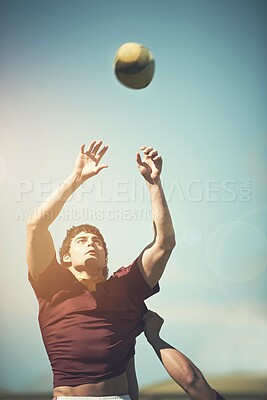 Buy stock photo Rugby, sports and practice and man on field for training, health and stadium. Challenge, competition and athlete performance with male person in outdoor pitch for exercise, games and workout