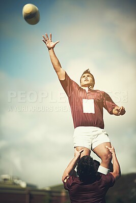 Buy stock photo Rugby, teamwork and ball and man on field for sports training, health and stadium practice. Challenge, competition and performance with male person in outdoor pitch for exercise, games and workout