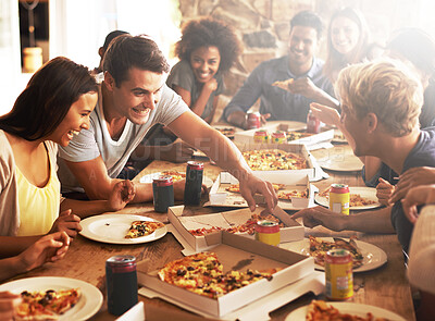 Buy stock photo Group, friends and party with fast food, celebration and diversity for joy or fun with youth. Men, Women and pizza with drink, social gathering and snack for lunch or eating at italian pizzeria