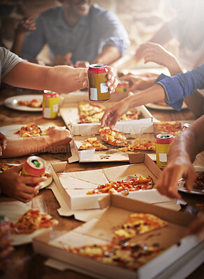 Buy stock photo Group, friends and hands with pizza, celebration and diversity for joy or fun with youth. People, soda and fast food with drink, social gathering and snack for lunch or eating at italian pizzeria