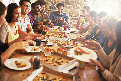 Buy stock photo Group, friends and party with pizza, social gathering and diversity for joy or fun with youth. Men, Women and fast food with drink, celebration and snack for lunch or eating at italian pizzeria