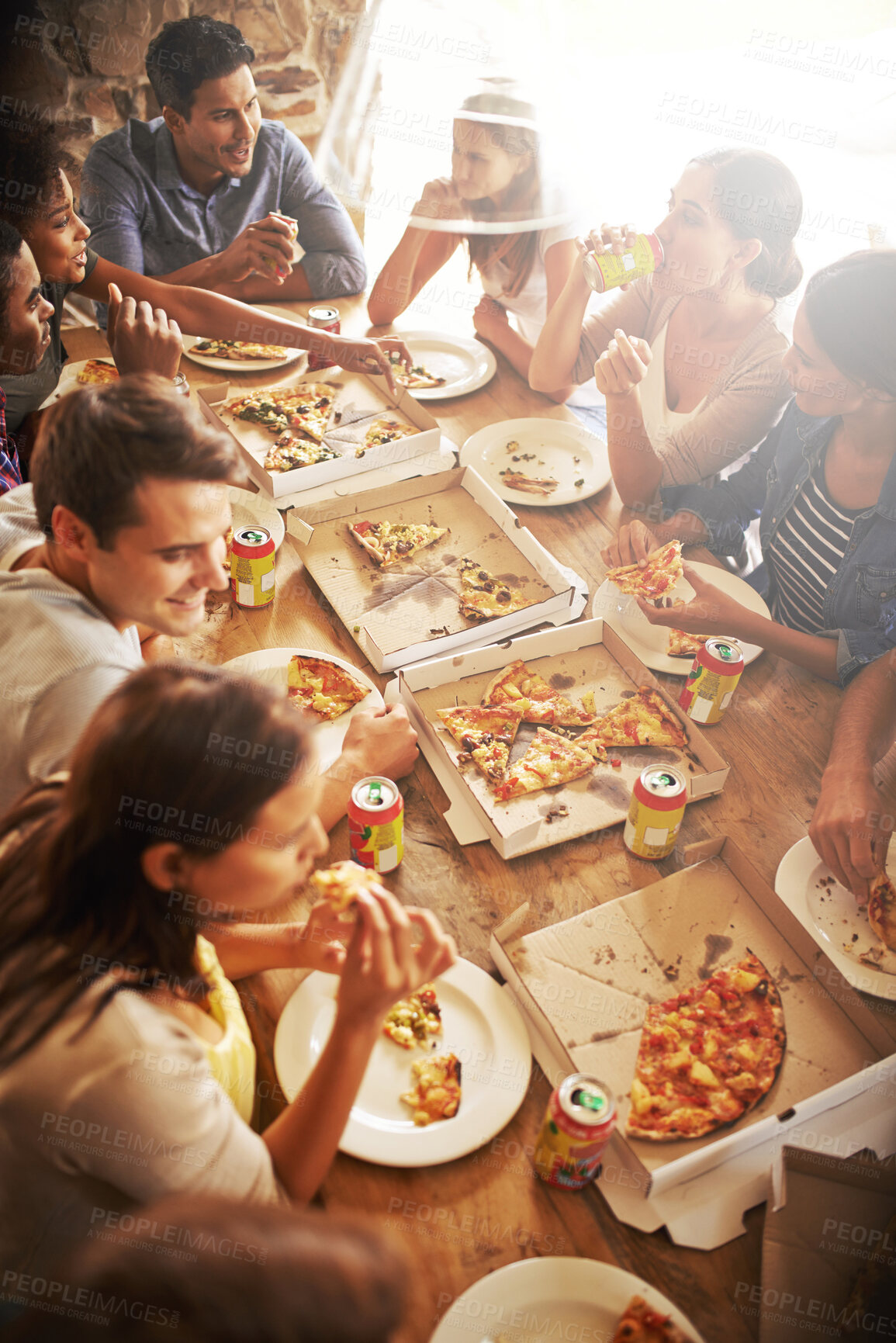 Buy stock photo Group, friends and party with snack, pizza and diversity for joy or fun with youth. Men, Women and fast food with drink, social gathering and celebration for lunch or high angle at italian pizzeria