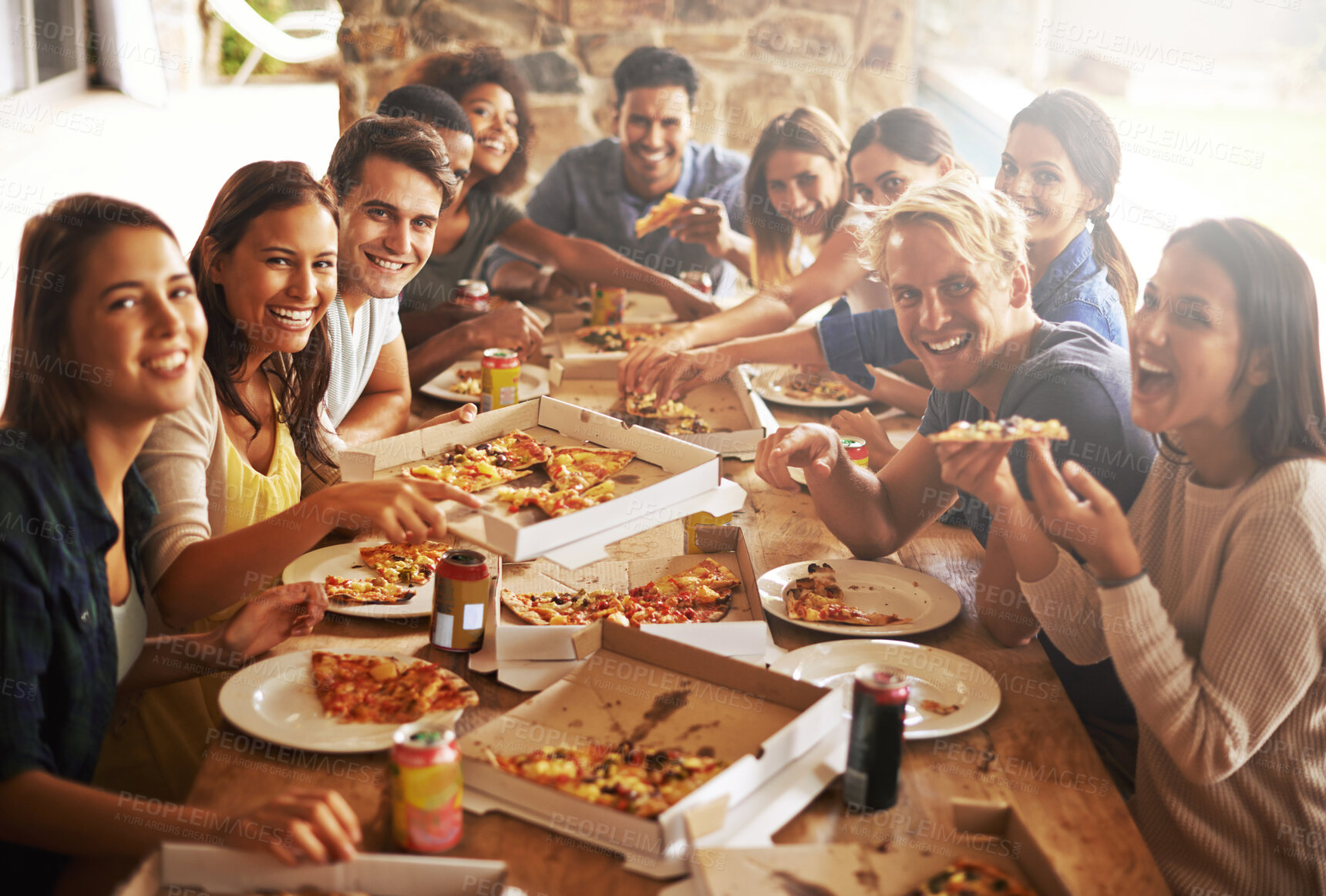 Buy stock photo Group, friends and party with fast food, celebration and diversity for joy or fun with youth. Men, Women and pizza with drink, social gathering and snack for lunch or eating at italian pizzeria