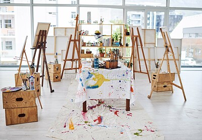 Buy stock photo Still life shot of easels and art supplies in a art studio