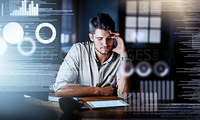 Buy stock photo Web designer feeling stressed, tired and depressed while working on cgi code information technology. Big data engineer, computer programmer or software developer busy thinking of it and ai tech