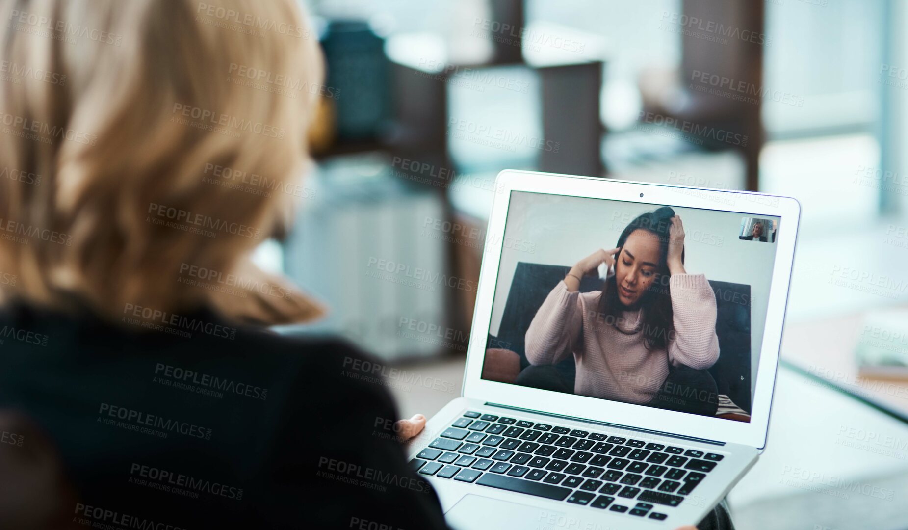 Buy stock photo Video call, laptop and online therapy by therapist talking to a depressed person with telehealth for anxiety or mental health. Virtual, psychology and psychologist counseling a woman with depression