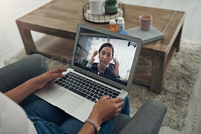 Buy stock photo Laptop, telehealth consulting with a doctor and a patient in the home for virtual health or medical care. Video call, communication or remote with a person talking to a medicine professional online