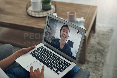 Buy stock photo Laptop, remote consulting with a doctor and a patient in the home for healthcare, medical or insurance. Video call, communication and virtual with a person talking to a medicine professional online