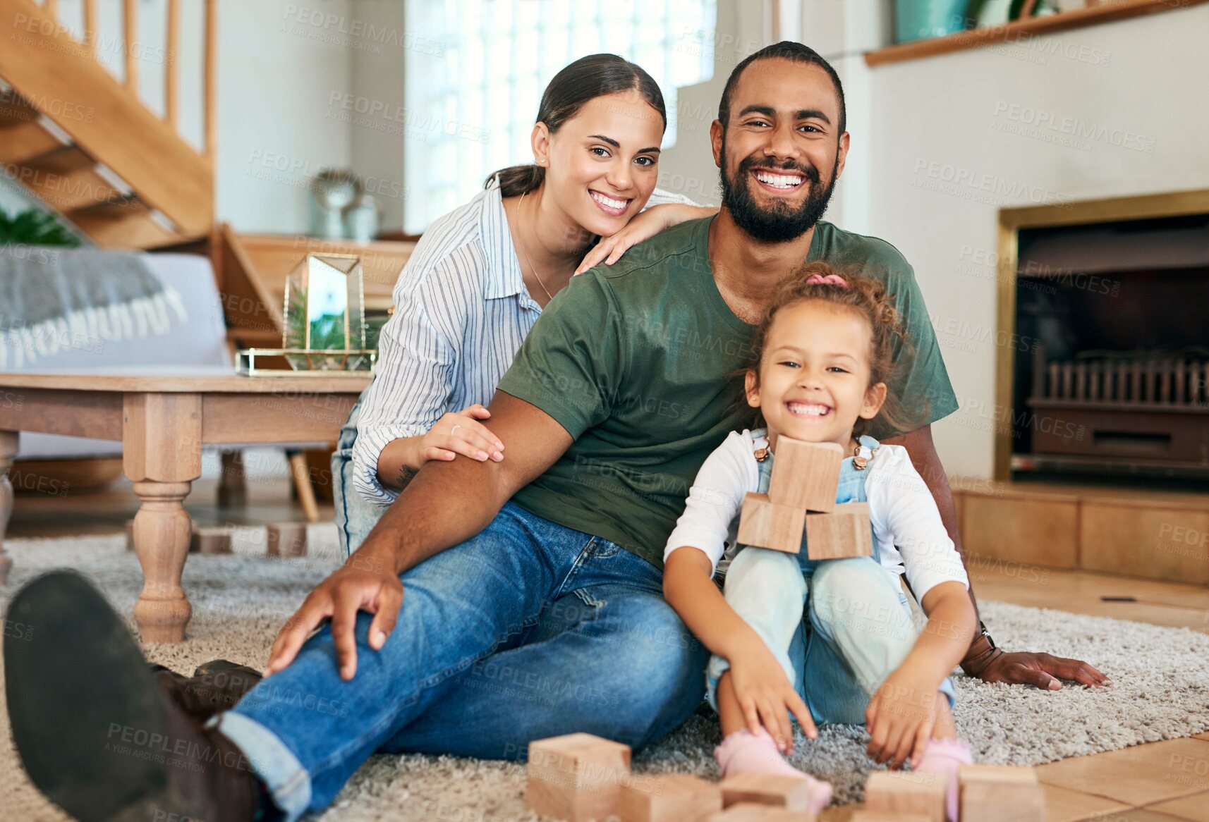 Buy stock photo Portrait of a happy family relaxing together at home