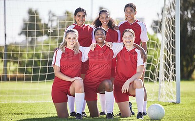 Buy stock photo Female football team smiling, happy and excited portrait before training, match or workout session. Fitness, fit and active soccer people standing together, teamwork and unity for the game outdoors. 