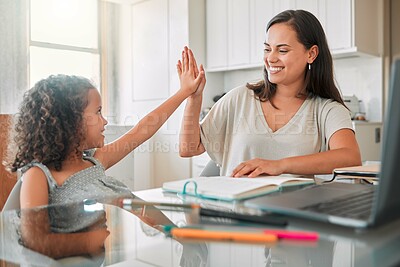 Buy stock photo High five, homework and mom celebrating with preschool student for learning, goals and writing notes successfully. Teamwork, smile, and happy mom celebrates education with her kindergarten baby girl 