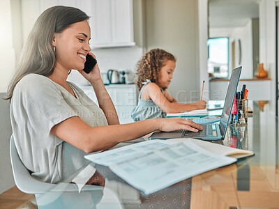 Buy stock photo Work from home mom working her child learning and writing for school in a family dining room. Happy online freelance woman on a phone call typing an email on a computer with a smile at a family home