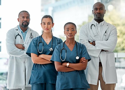 Buy stock photo Hospital, teamwork and portrait of doctors with crossed arms for medical care, wellness and support. Healthcare, clinic and men and women health worker for cardiology service, consulting or insurance
