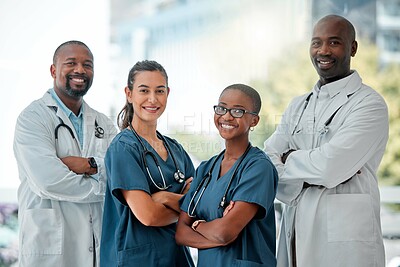 Buy stock photo Hospital, happy team and portrait of doctors with crossed arms for medical care, wellness and support. Healthcare, diversity and men and women workers for service, medicine and consulting in clinic