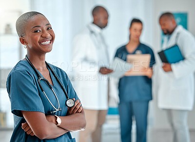 Buy stock photo Hospital, happy doctor and portrait of black woman for medical care, insurance and wellness. Healthcare, clinic nurse or face of female health worker with crossed arms for service, consulting or help