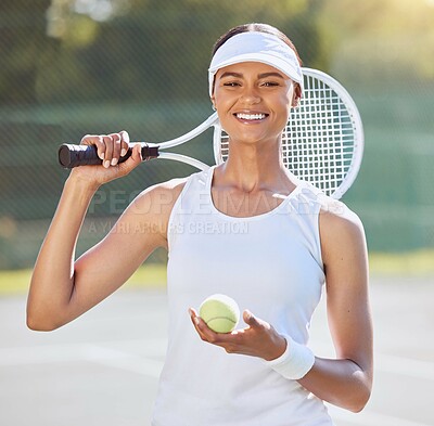 Buy stock photo Tennis court, woman and fitness training in competition match or summer game. Portrait, smile or happy sports athlete with racket and ball for workout, exercise or health wellness with winner mindset