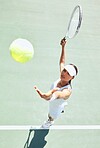 Top view, tennis court and woman serving ball in training competition, game and professional summer match. Sports athlete with motivation or vision in workout, exercise or fitness with winner mindset