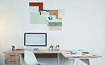 Office desk, screen mock up and creativity design fashion project management, advertising agency or marketing startup background. Computer desktop monitor mockup for productivity or software planner