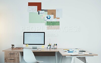 Buy stock photo Office desk, screen mock up and creativity design fashion project management, advertising agency or marketing startup background. Computer desktop monitor mockup for productivity or software planner