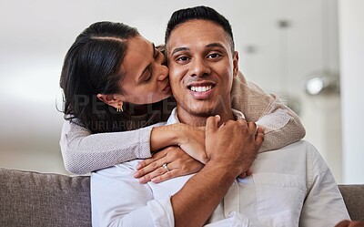 Buy stock photo Couple, kiss and cheek for hug, love and care relationship romance relaxing on the living room sofa at home. Portrait of happy man and woman with smile for romantic bonding time together at the house