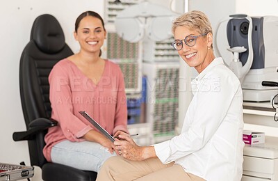 Buy stock photo Optometry, vision and glasses with an optician and woman customer doing a test for prescription lenses. Retail, eyewear and medical with a female shopping for new frame spectacles with an optometrist