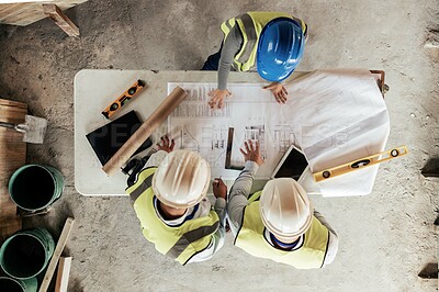 Buy stock photo Architect, construction and blueprint with an engineer and designer team working on a building site from above. Meeting, planning and architecture with a design group in collaboration on a project