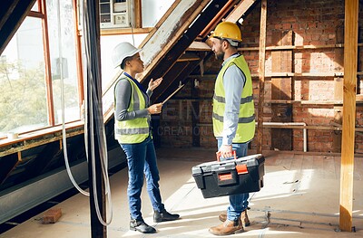 Buy stock photo Construction, teamwork and planning with an engineer and designer working together on a building site. Meeting, strategy and engineering with a construction worker team talking about a project