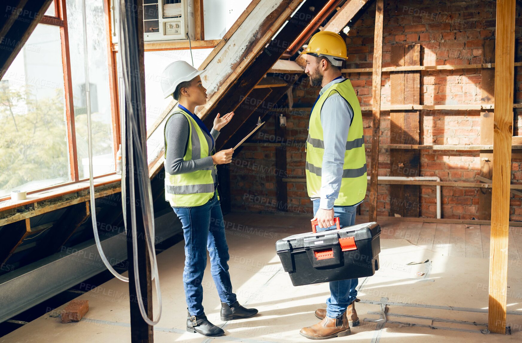 Buy stock photo Construction, teamwork and planning with an engineer and designer working together on a building site. Meeting, strategy and engineering with a construction worker team talking about a project