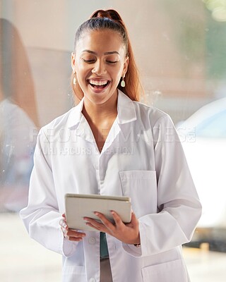 Buy stock photo Doctor, health and hospital, woman with tablet for digital medical information, technology and medicine. Happy for healthcare, professional and clinic staff with tech for innovation and research.